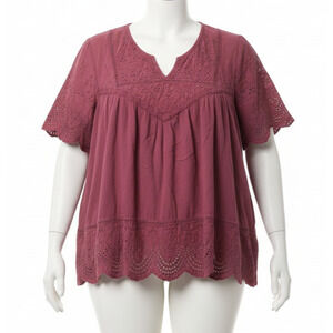 Knox Rose Peasant Blouse XL Mauve Eyelet Lace Scallop Short Sleeve Boho PILLING